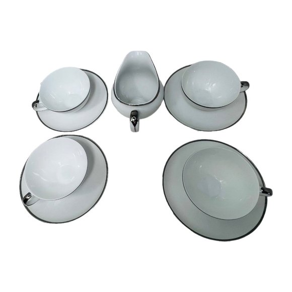 Harmony House Moderne Platinum Trim 4 Cups and Saucers & Creamer Japan No. 3545 - Picture 8 of 16